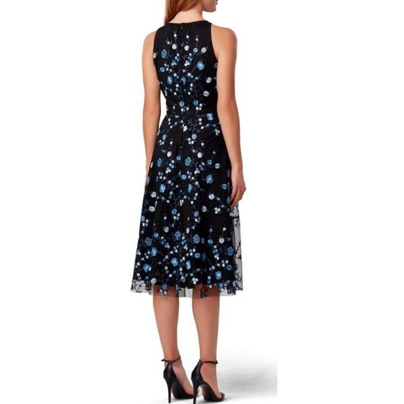 Tahari ASL Levine Black Blue Striped Floral Mesh Fit and Flare Dress Cocktail 10